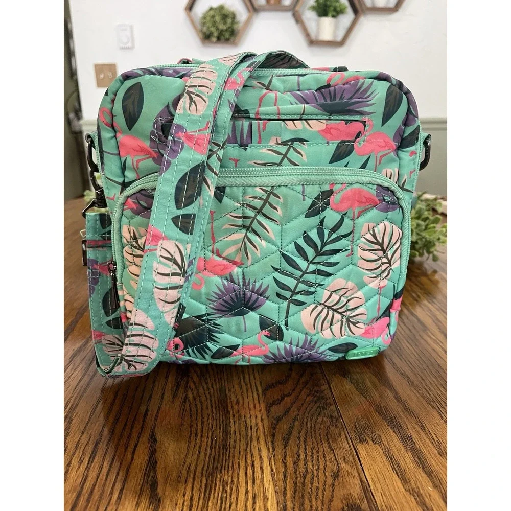LUG PURSE BAG crossbody Straps AND Wallet SET Green Pink Flamingo Palm Tropical